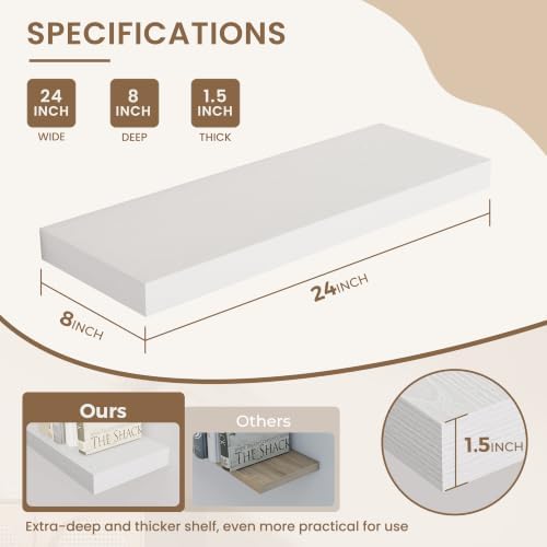 Dreamland 24 Inches Wall Mounted Wood Floating Shelves, White, 2 Pack