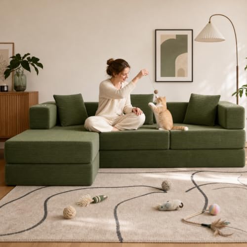 108" Modular Sectional Sofa Bed, L-Shaped Boneless Couch, Green