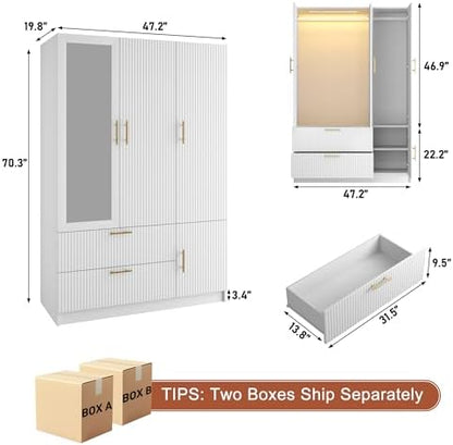 Squireewo Fluted Style 3 Doors Wardrobe Closet Armoire with Mirrors and LED Lights, 70.3" H Modern Wooden Bedroom Armoires with 2 Drawers, Large Capacity Freestanding Armoire, White