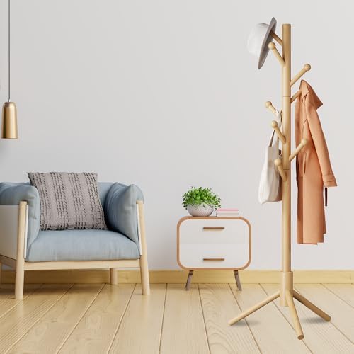 8-Hook Freestanding Coat Rack 3 Heights Safe Round Tips Nature
