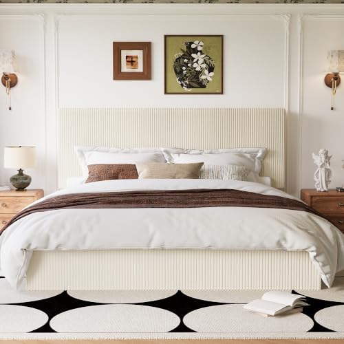 Allewie King Bed Frame, Adjustable Corduroy Headboard, Platform, Cream