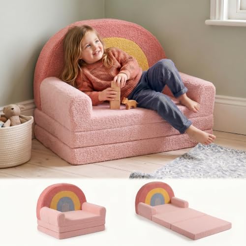 2-in-1 Extra Large Kids Couch Fold Out, Soft Kid Sofa for Playroom, Pink
