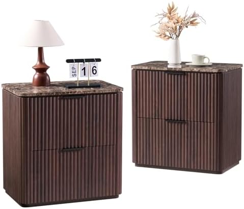Curved Fluted Nightstand Set of 2, Faux Marble Top, Dark Oak