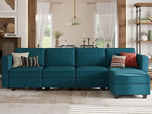 Belffin L-Shaped Sofa with Storage Seat Fabric Modular Sectional Couch Reversible Chaise L Couch Sectionnal Sofa Peacock Blue