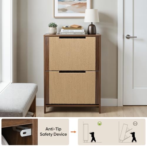 Shoe Cabinet with 2 Flip Drawers, Rope Wrapped Doors, Walnut