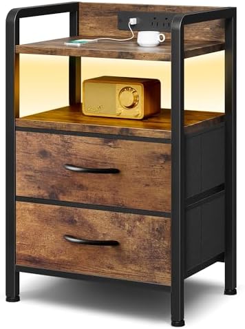 A two-drawer nightstand with a rustic brown wood-grain finish and a black metal frame, featuring built-in warm LED lighting and a top shelf with a power outlet and cup holder.