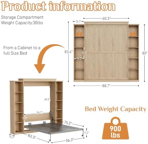 Rophefx Murphy Bed Full Cabinet with 5-Tier Shelves, Wood Wall Bed,Natural