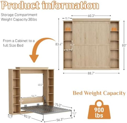 Rophefx Murphy Bed Full Cabinet with 5-Tier Shelves, Wood Wall Bed,Natural