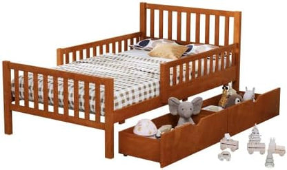 Bellemave Kids Twin Bed Frame with Fences and 2 Drawers, Twin Size Wooden Platform Bed with Guardrails on Both Sides for Boys Girls, Walnut