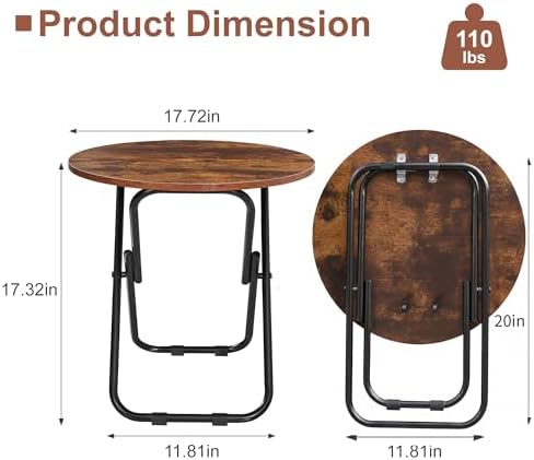 VECELO 17.7" Small Folding Table, Round Patio Outdoor Side Snack Table, Waterproof Foldable Wood End Table with Anti-Rust Metal Legs for Living Room Bedroom Garden Yard Balcony Porch