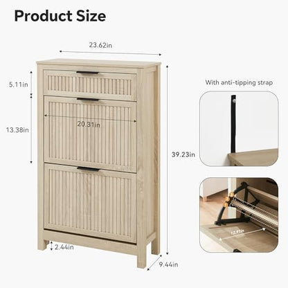 2-Flip Drawer Shoe Cabinet Narrow Entryway Rack, Oak
