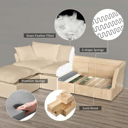 Cloud Modular Sectional Sofa,Down Filled Oversize Couch for Living Room,Deep Seat Convertible Couches,Sofa Covers Washable&Replaceable(4 Seater and 2 Ottoman,Khaki)