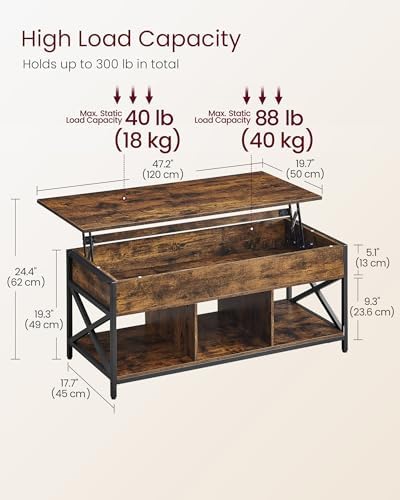 VASAGLE Lift Top Coffee Table with Storage Shelf, 3 Compartments