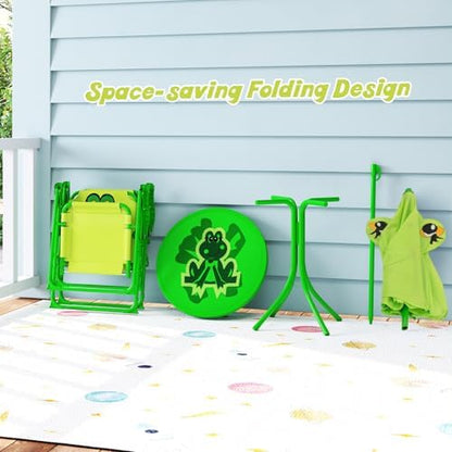 HONEY JOY Kids Picnic Table, Animal Themed Toddler Outdoor Table and Chair Set, 2 Folding Chairs & Removable Umbrella, Children Outdoor Furniture for Backyard Patio Garden (Light Green Frog)