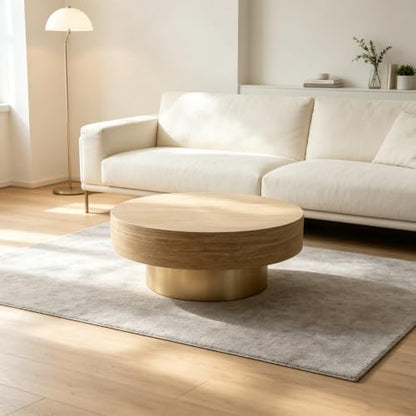 31.88" Round Travertine Coffee Table with Gold Pedestal Base