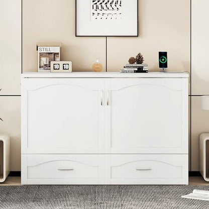 Merax Queen Murphy Bed with Storage Drawers, Pulley Structure Design, Murphy Bed Queen with Sockets & USB Ports, No Box Spring Needed, White
