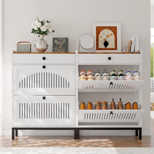 IDEALHOUSE Shoe Cabinet with 2 Flip Drawers and 1 Top Drawer, White