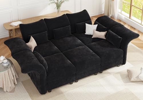 LLappuil 102 Inch Modular Sectional Sofa with Storage, 6 Piece Deep Sleeper Sectional Couches for Living Room with Adjustable Armrest Backrest, Black Chenille