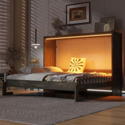 Queen Murphy Bed with Storage,Led Light,Can Be Folded,Brown