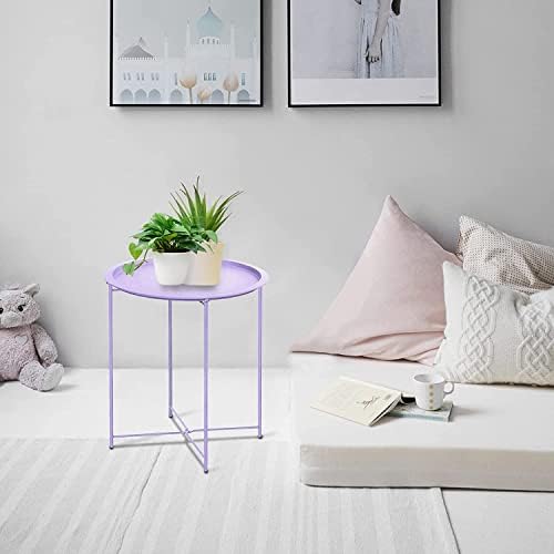 Garden 4 you End Table 2 PCS Metal Side Table Purple Round Folding Tray Cyan Sofa Small Accent Fold-able Table, Round End Table Tray, Next to Sofa Table, Snack Table for Living Room and Bed Room
