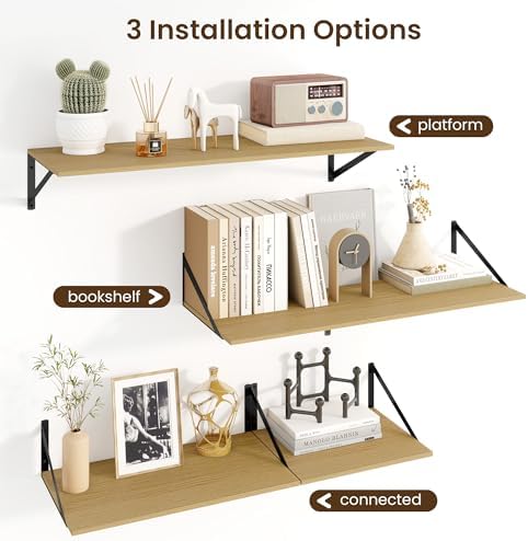 Floating Shelves for Wall, 12 Inch Deep Floating Shelves Set of 2, 36W x 12D Large Wall Shelf with Sturdy Metal Brackets for Living Room, Bathroom, Bedroom and Kitchen, Oak