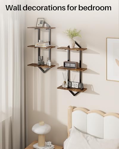 3 Tier Floating Wall Shelves, Set of 2 Decorative Wooden Shelf