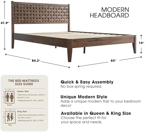Queen Size Platform Bed with Headboard & Footboard, Solid Wood Bed Frame, Central Metal Legs, 12 Reinforced Slatted, Noise-Free & Anti-Slip, No Box Spring Needed, Easy Assembly, Walnut Finish ORQ-37