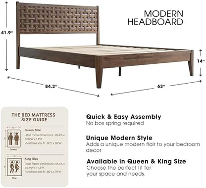Queen Size Platform Bed with Headboard & Footboard, Solid Wood Bed Frame, Central Metal Legs, 12 Reinforced Slatted, Noise-Free & Anti-Slip, No Box Spring Needed, Easy Assembly, Walnut Finish ORQ-37