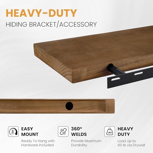 Wood Floating Shelves Set of 2, Rustic Pine Wood Floating Shelves for Wall Mounting, Wide Wall Shelf for Home Decor and Storage, 36" W x 7" D, Light Walnut