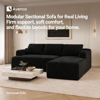 Avenco Modular Sectional Sofa, Boneless Couches for Living Room with Individually Wrapped Coil Support, No Assembly Required, Corduroy Fabric (Black, 67" Sofa Bed)