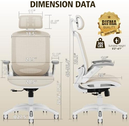 GABRYLLY Ergonomic Office Chair, High Back Home Desk Chair with Headrest, Flip-Up Arms, 90-120° Tilt Lock and Wide Cushion, 300LBS Mesh Chairs for Man Woman, White Task Chair(Beige,GY01WBG)
