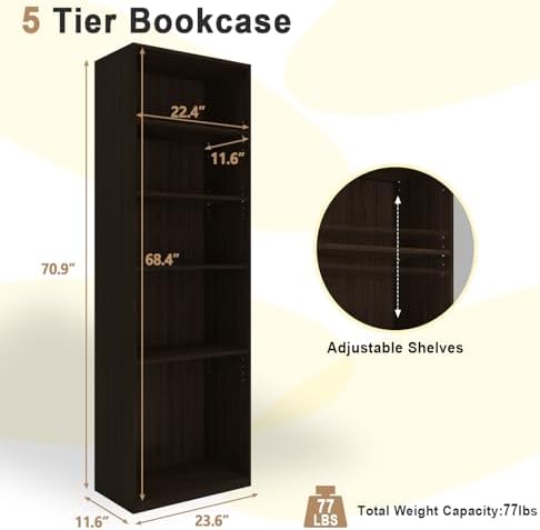 CTESNE【2026 Adjustable Shelves 5-Tier Bookcase, 71 inches, Wooden Open Display Floor Bookshelf (Chocolate Color)