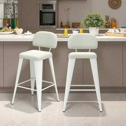 24 Inch Metal Bar stools Set of 2, Upholstered Bar Stools with Removable Back & Metal Legs, Industrial Barstools for Kitchen Island, Cafe (Beige Seat, White Legs)