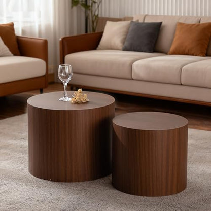 Nesting Round Coffee Table Set of 2, Accent End Table for Small Spaces, Morden Drum Side Table, Wooden Circle Center Table for Living Room, Fully Assembled - Dark Walnut