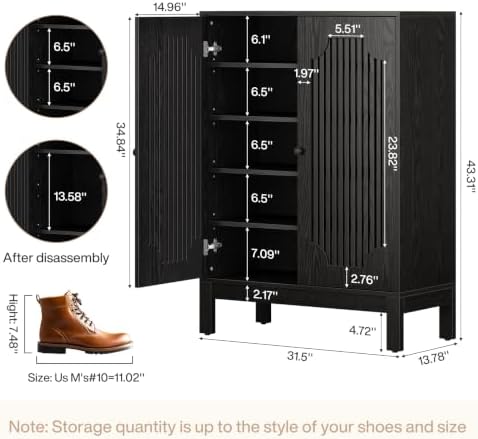 Tribesigns Shoe Cabinet with 2 Doors & Adjustable Shelves, 5-Tier (Black)