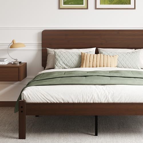 BOSRII 14" Queen Size Bamboo Wood Platform Bed Frame with Headboard, Walnut