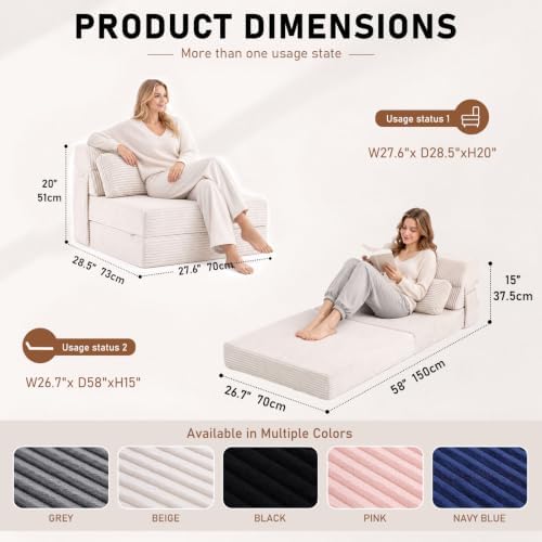 Folding Sofa, Convertible Chair, Comfy Floor Couch Lounge Sofa for Adults Portable Fold Out Chair for Living Room, Beige