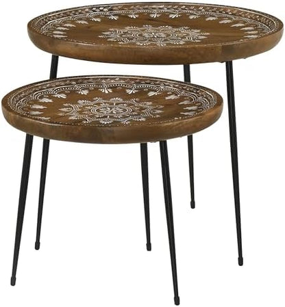 Coaster Home Furnishings - Nuala - 2-Piece Round Mango Wood Nesting Tables with Tripod Legs and Hand-Painted Floral Motifs - Mid-Century Modern - Living Room - Honey Finish - 935984