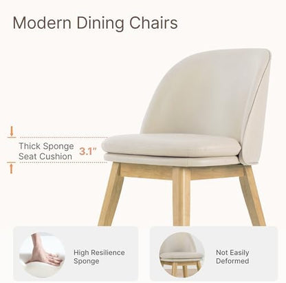 KISLOT Wooden Dining Chairs Set of 2, Faux Leather Upholstered Modern Dining Room Chairs with Double-Layer Thick Seat Cushion & Ergonomic Backrest for Restaurant, Kitchen and Café, Beige