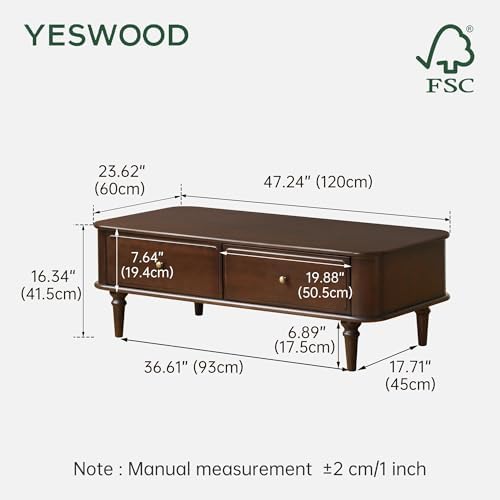 YESWOOD Solid Wood Coffee Table with Storage, 2 Drawer Center Table with Classic Column Legs, Retro Coffee Table with Vintage Detailings for Living Room, Home Office (Poplar Wood, Walnut Finish)