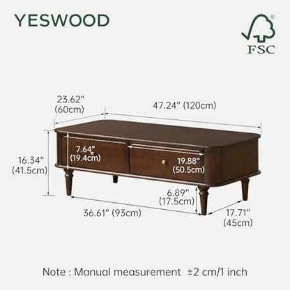 YESWOOD Solid Wood Coffee Table with Storage, 2 Drawer Center Table with Classic Column Legs, Retro Coffee Table with Vintage Detailings for Living Room, Home Office (Poplar Wood, Walnut Finish)