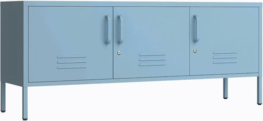3 Door TV Standwith Storage Locke Metal TV Cabinet with 2-Tier Multi-Purpose Lockable Wide Storage Cabinet, Media Console Table with Metal Legs for Living Room, Bedroom,Office,Blue