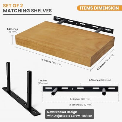 Wood Floating Shelves Set of 2, Rustic Pine Wood Floating Shelves for Wall Mounting, Wide Wall Shelf for Home Decor and Storage, 16" W x 7" D, Oak