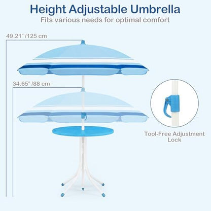 Olakids Kids Picnic Table, Outdoor Toddler Patio Furniture Set with 2 Folding Chairs Adjustable Foldable Umbrella for Garden Backyard Beach (Blue)
