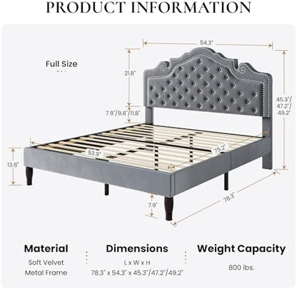 SHA CERLIN Full Size Bed Frame with Adjustable Headboard/Velvet Upholstered/Diamond Button Tufted and Metal Studs/No Box Spring Needed/Wooden Slat Support/Easy Assembly/Light Grey