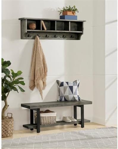 Pomona Solid Wood Entryway Bench and Coat Rack Set, Slate Grey, 48 Inch