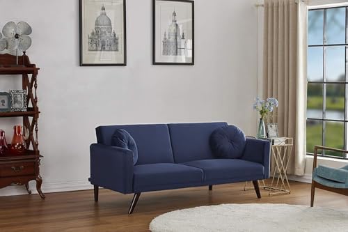 Container Furniture Direct 72 Inch Retro Convertible Futon Sofa Bed with Velvet Upholstery, Mid Century Modern 2-in-1 Sleeper Couch with Reclining Backrest, Solid Wood Frame, Dark Blue