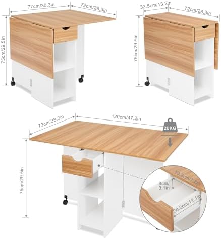 Mondeer Folding Dining Table with Drawer and Shelves, White & Red Oaku