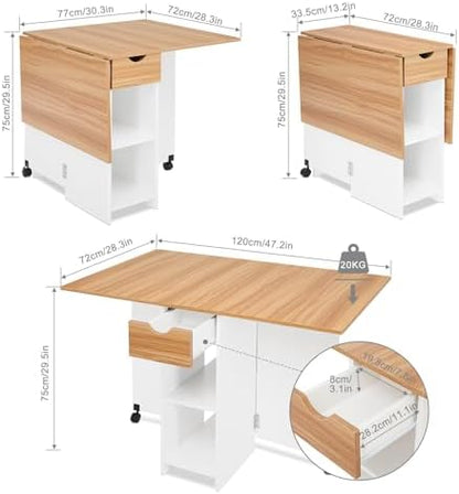 Mondeer Folding Dining Table with Drawer and Shelves, White & Red Oaku
