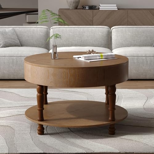 Round Wood Coffee Table for Living Room, Rustic Farmhouse Circle Coffee Tables with Storage 2-Tier Solid Wood Coffee Table for Apartment Office 31.5''Walnut